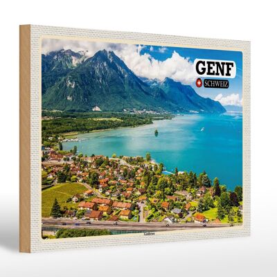 Cartel de madera viaje Ginebra Suiza Lago Lemán naturaleza 30x20cm