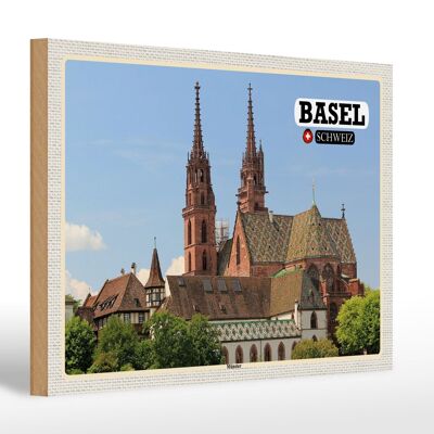 Cartel de madera viaje Basilea Suiza Münster Iglesia 30x20cm