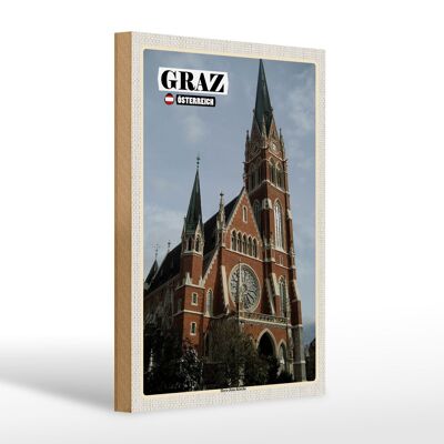 Cartel de madera viaje Graz Austria Iglesia del Sagrado Corazón 20x30cm