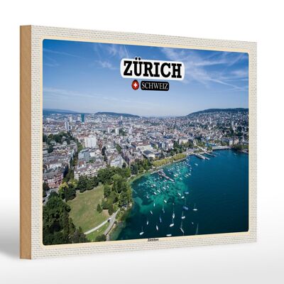 Cartel de madera viaje Zurich Suiza Lago Zurich barcos 30x20cm