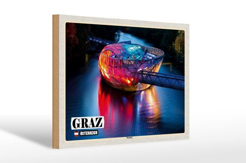 Holzschild Reise Graz Österreich Murinsel See 30x20cm