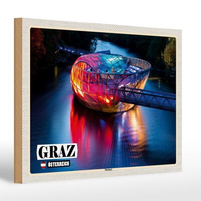 Cartel de madera viaje Graz Austria Lago Murinsel 30x20cm