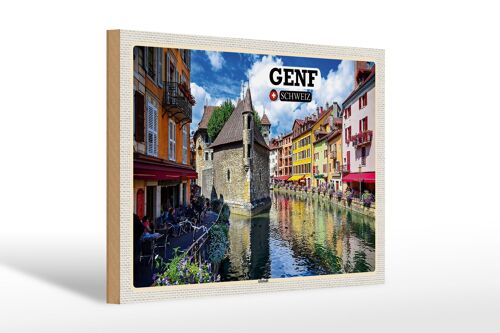 Holzschild Reise Genf Schweiz Altstadt Fluss 30x20cm