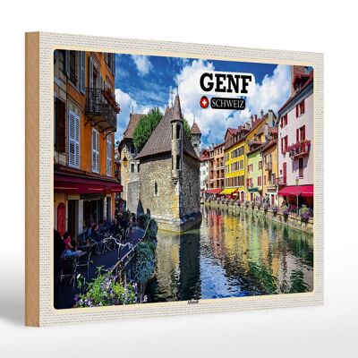 Cartel de madera viaje Ginebra Suiza casco antiguo río 30x20cm