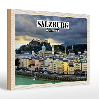 Cartel de madera viaje Salzburgo Austria casco antiguo 30x20cm
