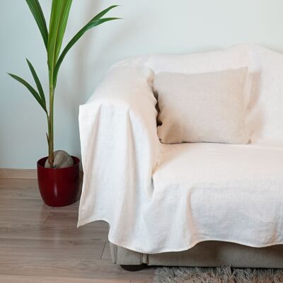Stylish natural linen couch cover in White, 180x280 cm