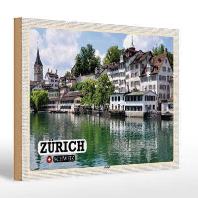 Panneau en bois voyage Zurich Suisse vieille ville rivière 30x20cm