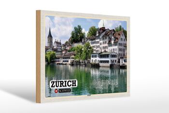 Panneau en bois voyage Zurich Suisse vieille ville rivière 30x20cm 1