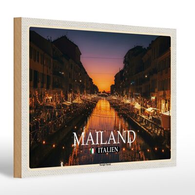 Panneau en bois voyage Milan Italie quartier Navigli 30x20cm