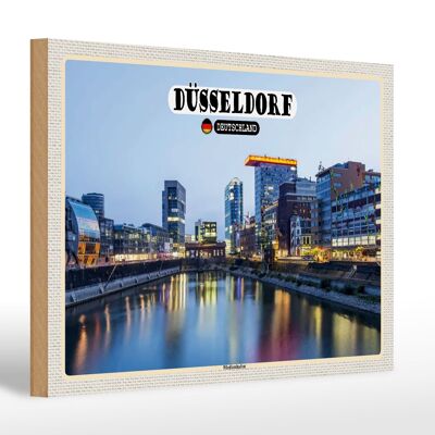 Cartel de madera ciudades Düsseldorf arquitectura portuaria mediática 30x20cm