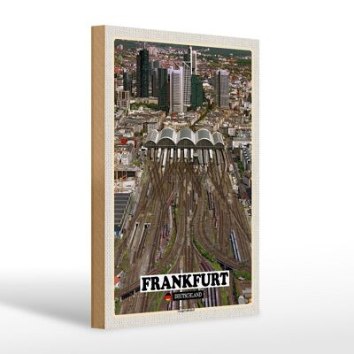 Cartel de madera ciudades Frankfurt vista de la estación principal 20x30cm