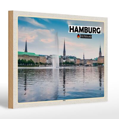 Cartello in legno città Amburgo Alster vista fiume 30x20 cm