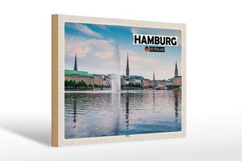 Panneau en bois villes Hambourg Alster vue rivière 30x20cm 1