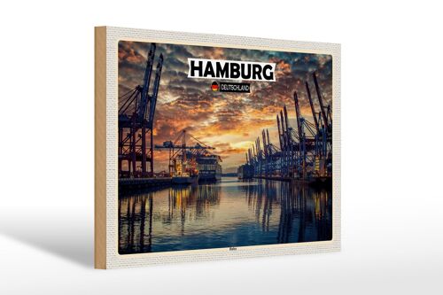 Holzschild Städte Hamburg Hafen Sonnneuntergang 30x20cm