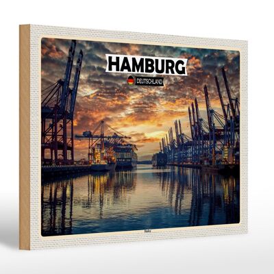 Cartel de madera ciudades Hamburgo puerto atardecer 30x20cm