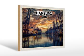 Panneau en bois villes Hambourg port coucher de soleil 30x20cm 1