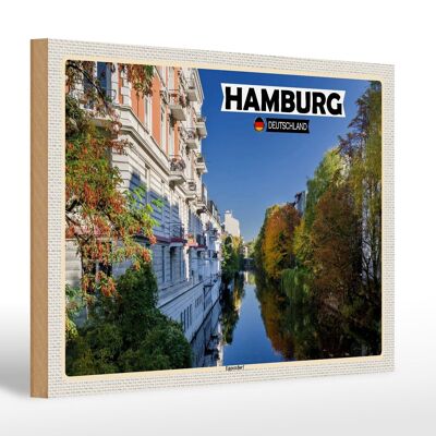 Cartel de madera 30x20cm Ciudad de Hamburgo con vistas a las casas del río