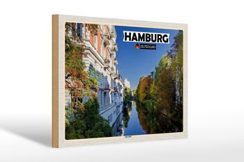 Panneau en bois 30x20cm Ville de Hambourg Vue Maisons fluviales 1
