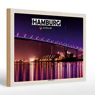 Cartel de madera ciudades Hamburgo Köhlbrandbrücke noche 30x20cm