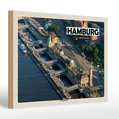 Cartel de madera ciudades Hamburgo vista Landungsbrücken 30x20cm