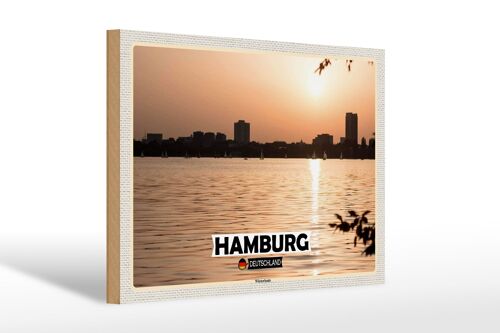 Holzschild Städte Hamburg Winterhude Sonnenuntergang 30x20cm