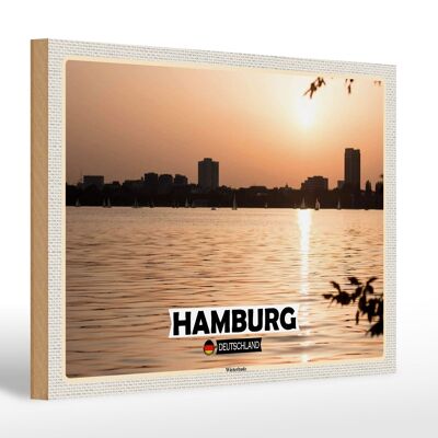 Cartel de madera ciudades Hamburgo Winterhude atardecer 30x20cm