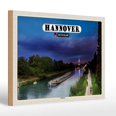 Cartel de madera ciudades Hannover tierra canal barcos noche 30x20cm