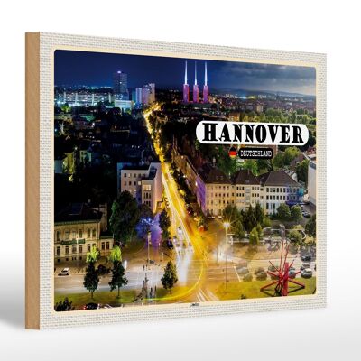 Cartel de madera ciudades Hannover vista de Linden Night 30x20cm