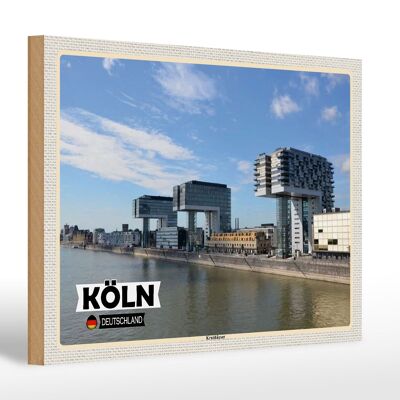 Cartel de madera ciudades Colonia casas grúa río Rin 30x20cm