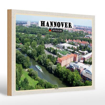 Cartel de madera ciudades de Hannover vista de Ihmeufer 30x20cm