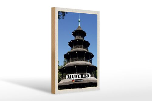 Holzschild Städte München Chinesicher Turm Baukunst 20x30cm