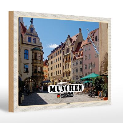 Cartel de madera ciudades Munich casco antiguo posada 30x20cm regalo