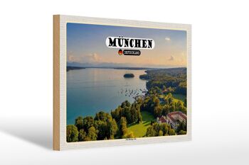 Panneau en bois villes Munich vue sur le lac de Starnberg 30x20cm 1