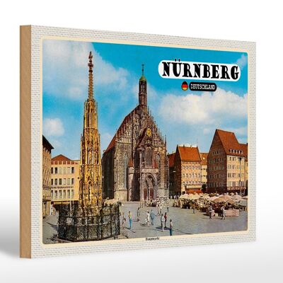 Cartel de madera ciudades Nünberg pintura mercado principal 30x20cm