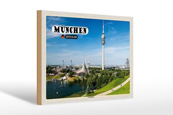 Panneau en bois villes Tour de télévision du parc olympique de Munich 30x20cm 1