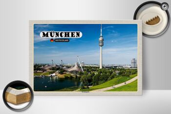 Panneau en bois villes Tour de télévision du parc olympique de Munich 30x20cm 2