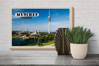 Panneau en bois villes Tour de télévision du parc olympique de Munich 30x20cm 3