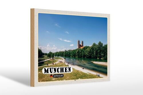 Holzschild Städte München Isar Schloss Fluss 30x20cm