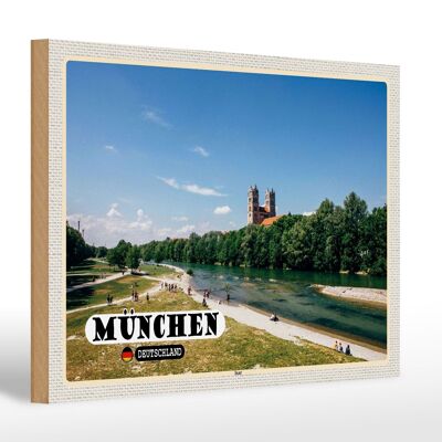 Holzschild Städte München Isar Schloss Fluss 30x20cm