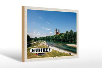 Panneau en bois villes Munich château Isar rivière 30x20cm 1