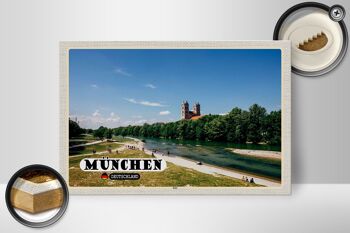 Panneau en bois villes Munich château Isar rivière 30x20cm 2