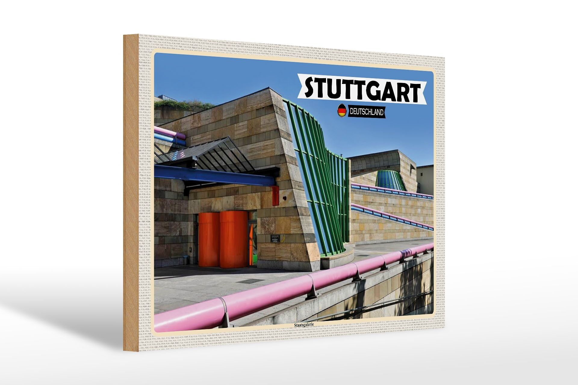 Cartel de madera ciudades Galería Estatal de Stuttgart 30x20cm