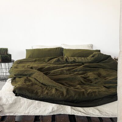 Parure de lit en lin Vert mousse (Reine)