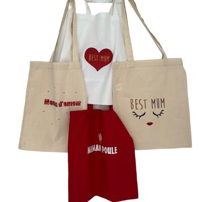Lot de 4 sacs tote-Bag Maman beige et rouge pailletés - cadeau fête des mères