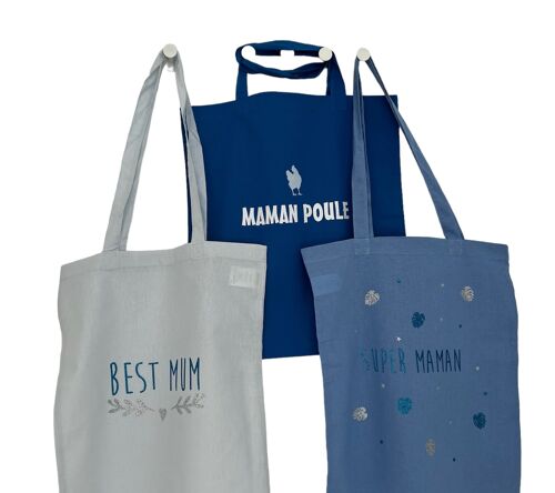 Lot de 3 sacs tote-Bag Maman bleu ciel et bleu pailletés - cadeau fête des mères