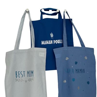 Lot de 3 sacs tote-Bag Maman bleu ciel et bleu pailletés - cadeau fête des mères