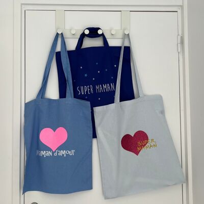 Set of 3 glittery Maman Super Maman tote bags - Mother's Day gift