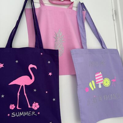 Set de 3 Tote Bags de verano Helado, piña y flamenco con purpurina