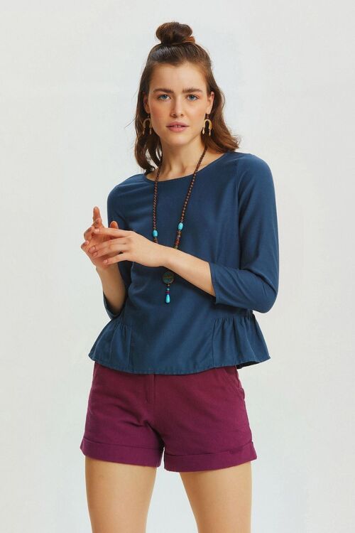 Shirring Detailed Solid Color Blouse Dark Blue