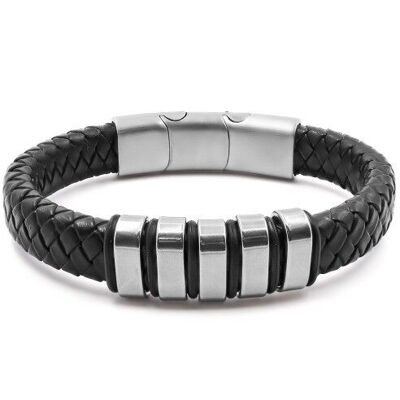 Steel bracelet for men - black braided leather imitation